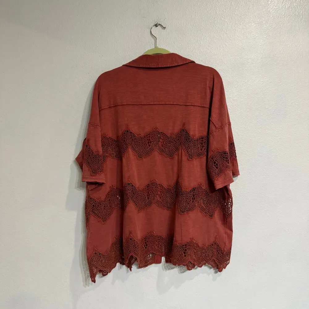 Free People We The Free Luca Tee Rust Crochet Lace Oversized Top Sz S